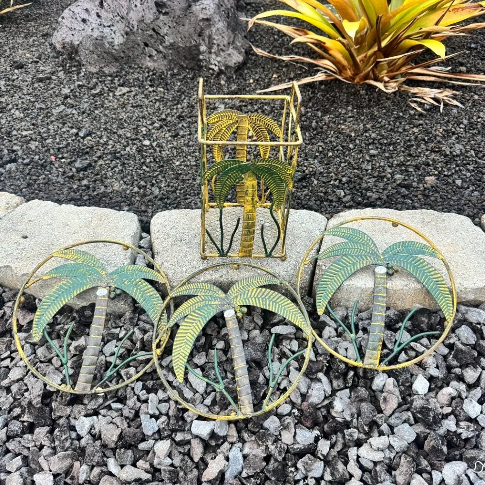 Vintage Palm Tree Metal Wall Art & Holder Set NWOT Tropical Coastal Decor